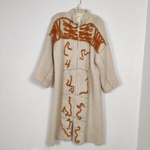 Women's Long Cardigan Size L/XL Beige Orange Fabric Embroidery Vintage Knitwear